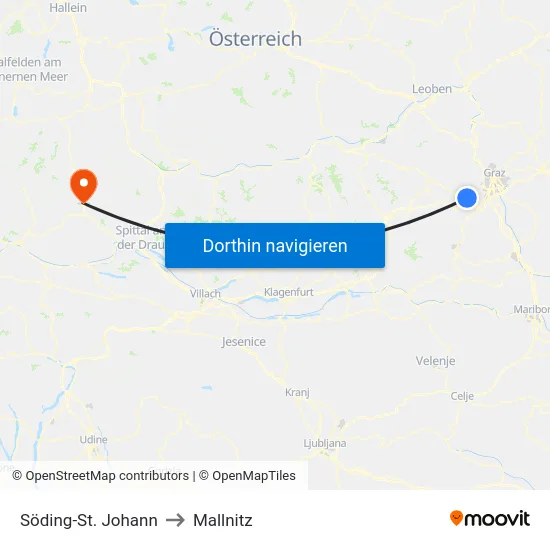Söding-St. Johann to Mallnitz map