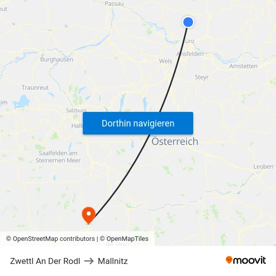 Zwettl An Der Rodl to Mallnitz map