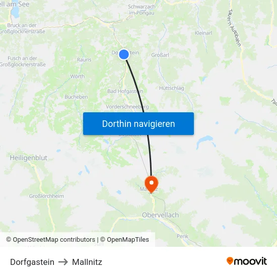 Dorfgastein to Mallnitz map