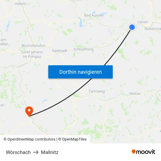 Wörschach to Mallnitz map