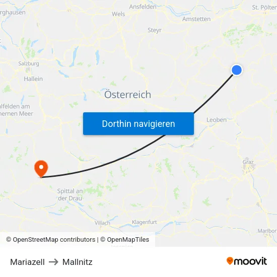Mariazell to Mallnitz map