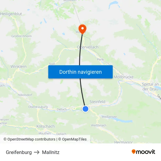 Greifenburg to Mallnitz map