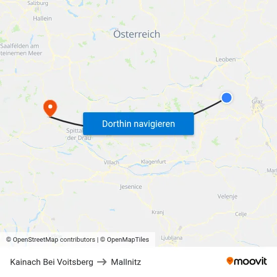 Kainach Bei Voitsberg to Mallnitz map