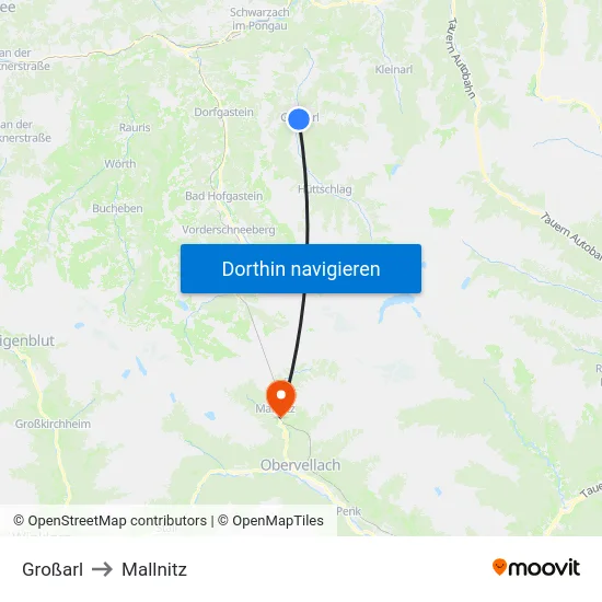 Großarl to Mallnitz map