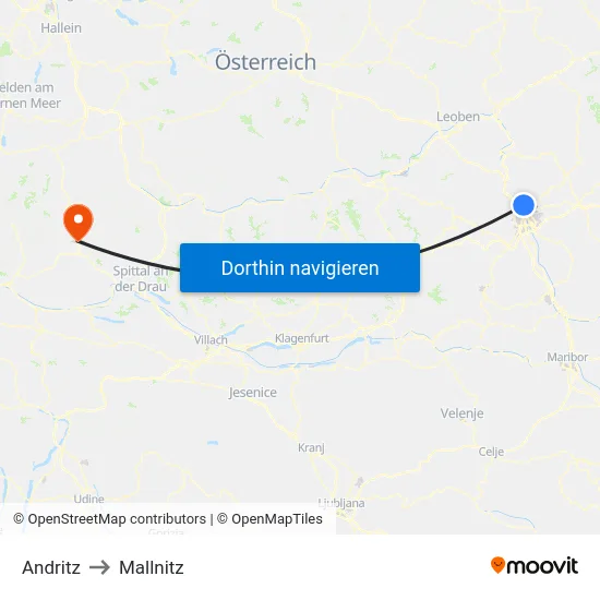 Andritz to Mallnitz map