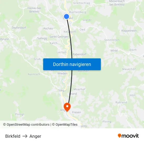 Birkfeld to Anger map