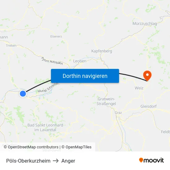 Pöls-Oberkurzheim to Anger map