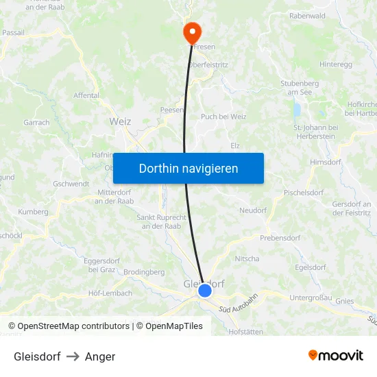 Gleisdorf to Anger map