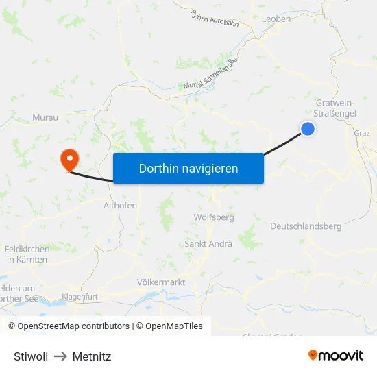 Stiwoll to Metnitz map