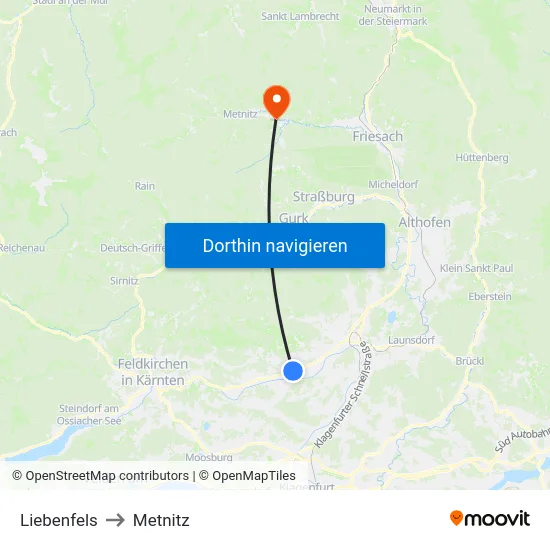 Liebenfels to Metnitz map
