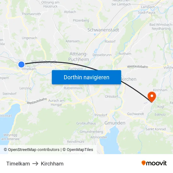 Timelkam to Kirchham map