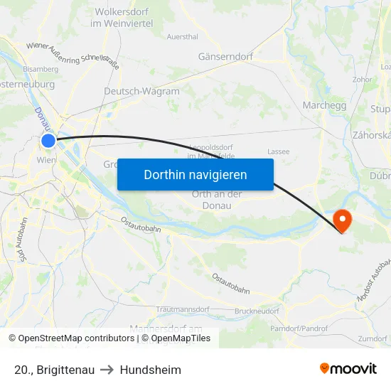 20., Brigittenau to Hundsheim map