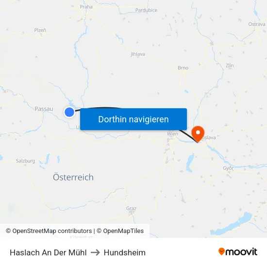 Haslach An Der Mühl to Hundsheim map