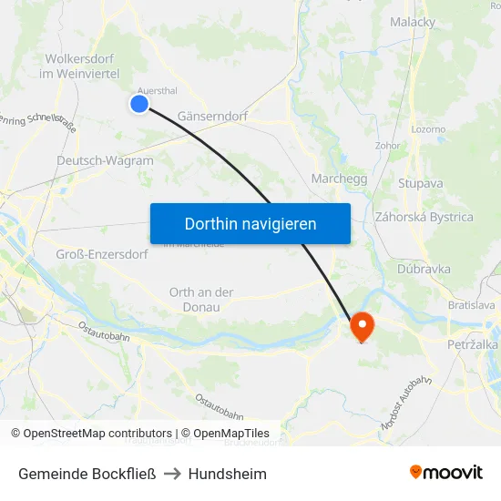 Gemeinde Bockfließ to Hundsheim map