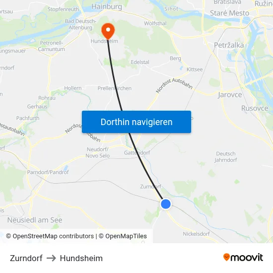 Zurndorf to Hundsheim map