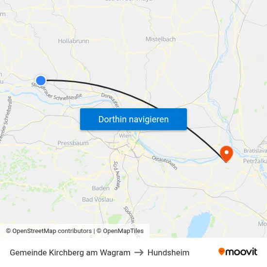 Gemeinde Kirchberg am Wagram to Hundsheim map