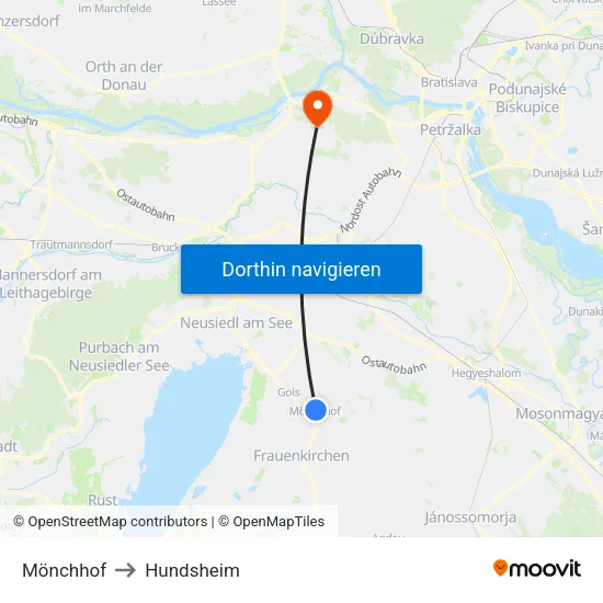 Mönchhof to Hundsheim map