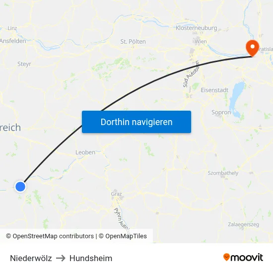 Niederwölz to Hundsheim map