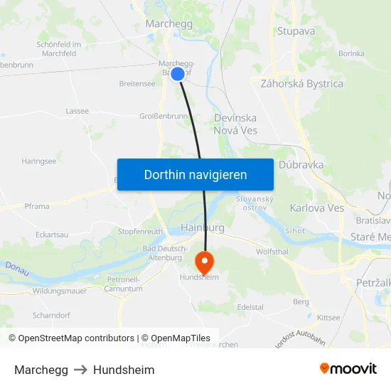 Marchegg to Hundsheim map