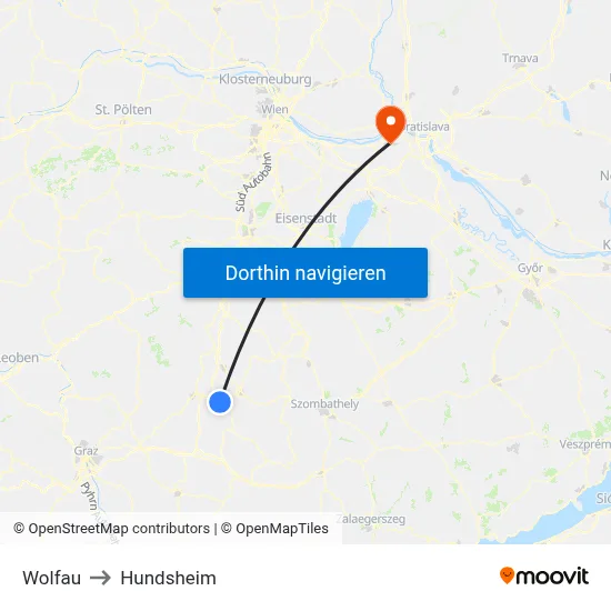Wolfau to Hundsheim map