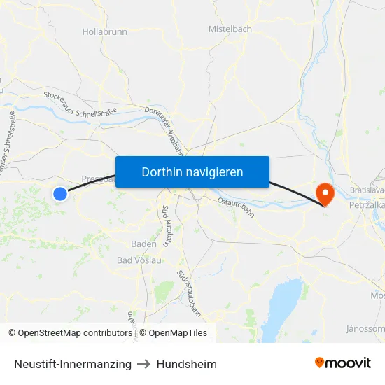 Neustift-Innermanzing to Hundsheim map