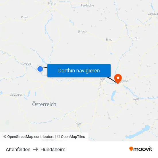 Altenfelden to Hundsheim map
