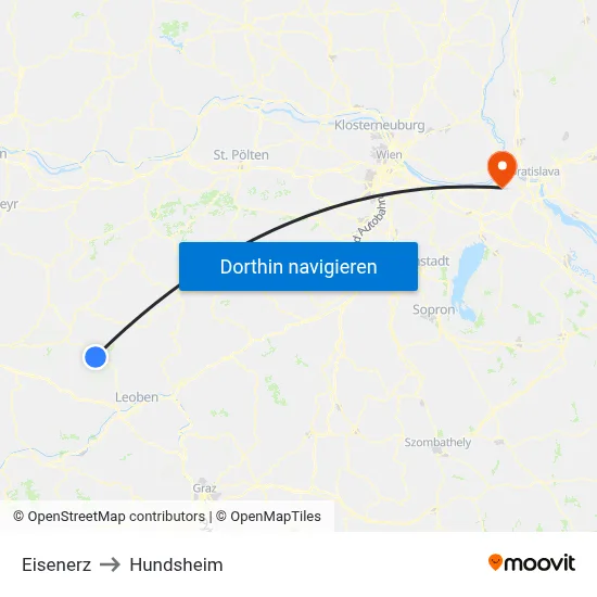 Eisenerz to Hundsheim map