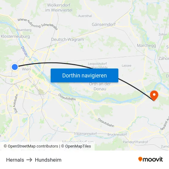 Hernals to Hundsheim map