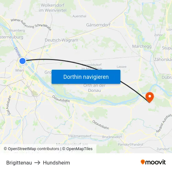 Brigittenau to Hundsheim map