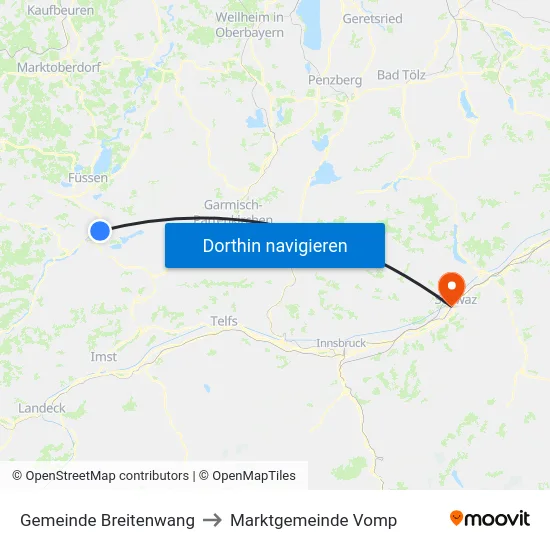 Gemeinde Breitenwang to Marktgemeinde Vomp map