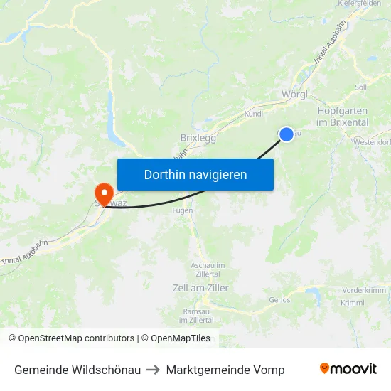 Gemeinde Wildschönau to Marktgemeinde Vomp map