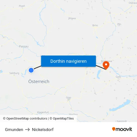 Gmunden to Nickelsdorf map