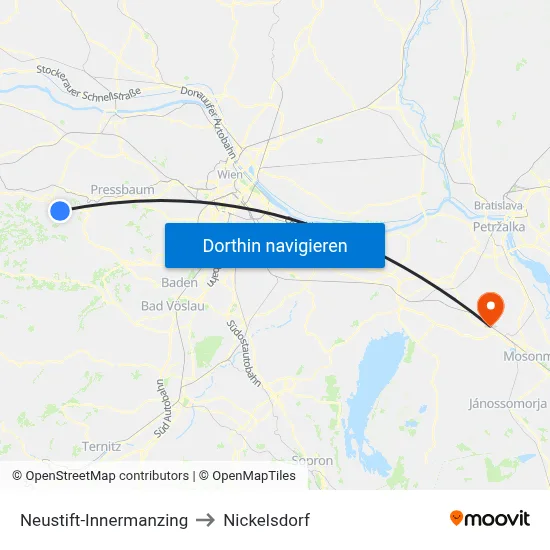 Neustift-Innermanzing to Nickelsdorf map