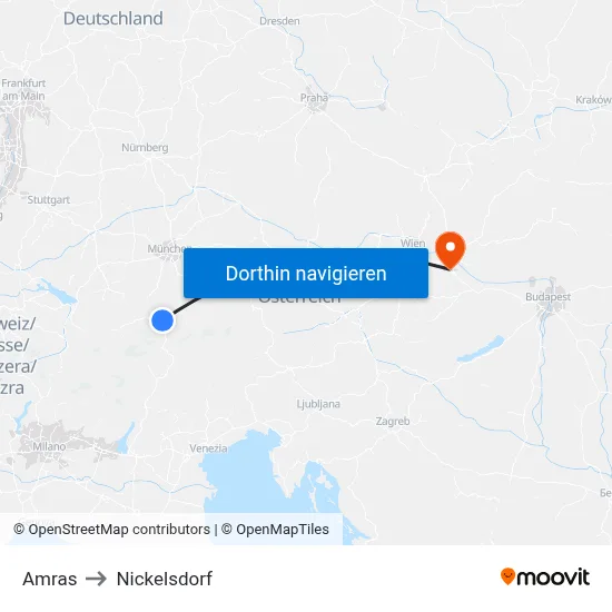 Amras to Nickelsdorf map