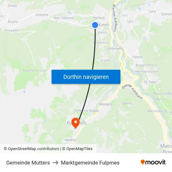 Gemeinde Mutters to Marktgemeinde Fulpmes map