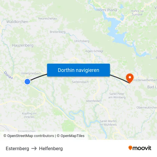 Esternberg to Helfenberg map