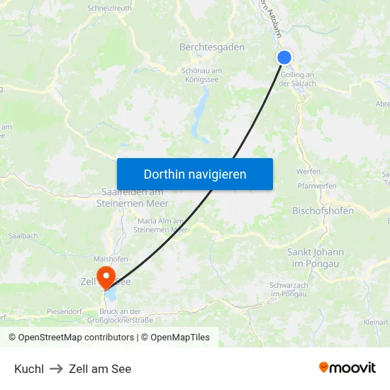 Kuchl to Zell am See map