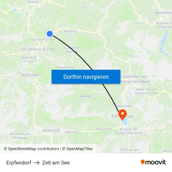 Erpfendorf to Zell am See map