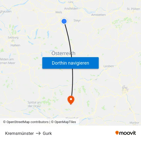 Kremsmünster to Gurk map