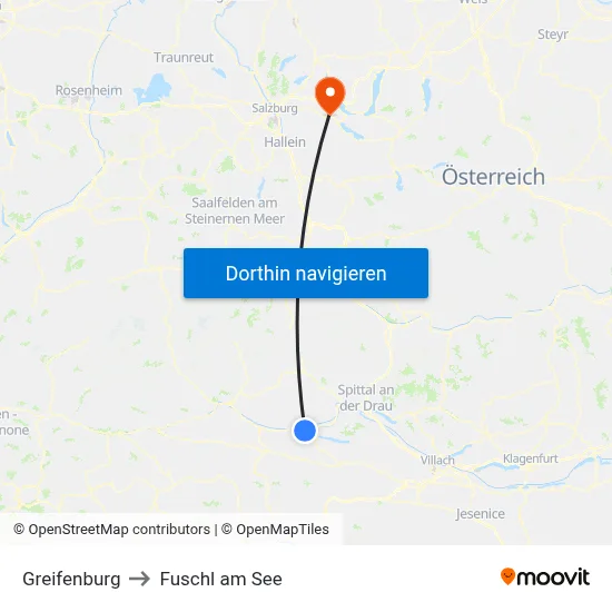 Greifenburg to Fuschl am See map