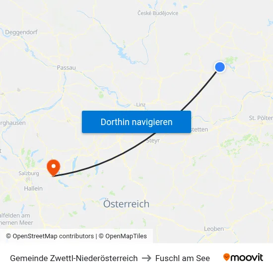Gemeinde Zwettl-Niederösterreich to Fuschl am See map