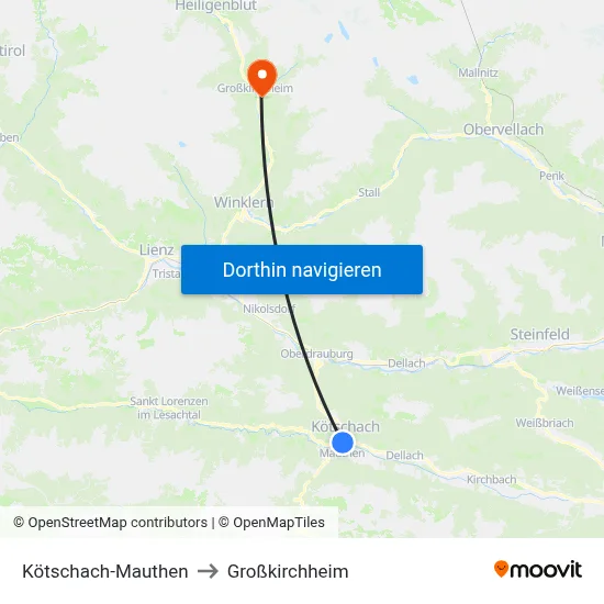 Kötschach-Mauthen to Großkirchheim map