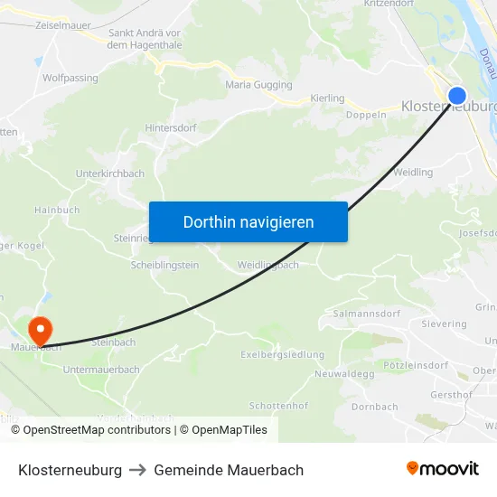 Klosterneuburg to Gemeinde Mauerbach map