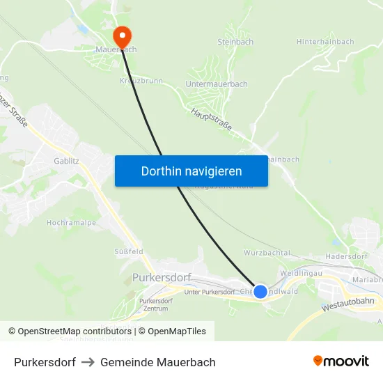 Purkersdorf to Gemeinde Mauerbach map