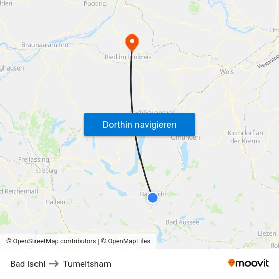 Bad Ischl to Tumeltsham map