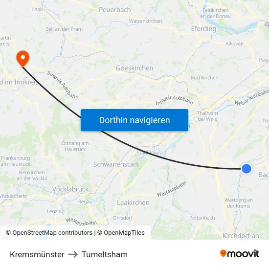 Kremsmünster to Tumeltsham map