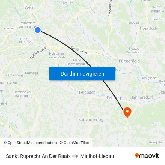 Sankt Ruprecht An Der Raab to Minihof-Liebau map