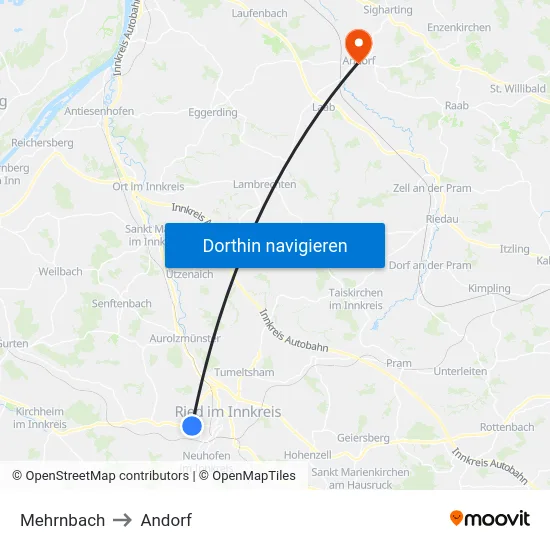 Mehrnbach to Andorf map