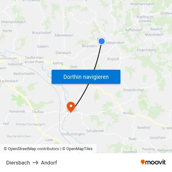 Diersbach to Andorf map