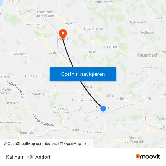 Kallham to Andorf map